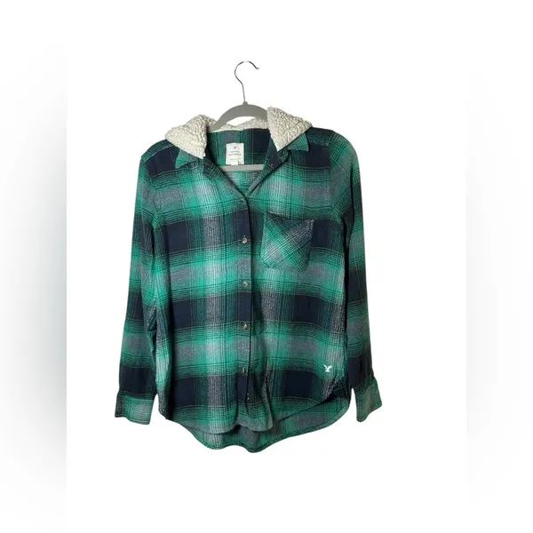 American Eagle Vintage Boyfriend Plaid Hooded Shirt Jacket Green/Navy‎ Size S - Image 2
