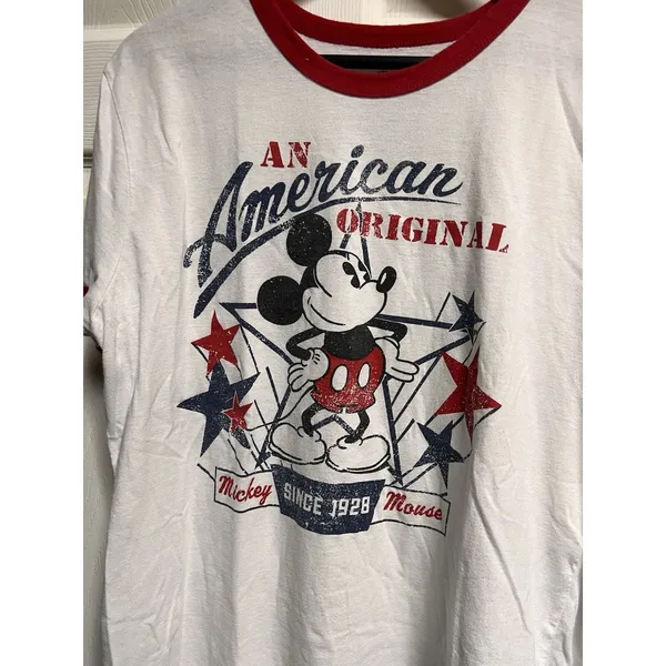Disney Mickey‎ Mouse An American Original Ringer Graphic T-Shirt White Red L - Image 3