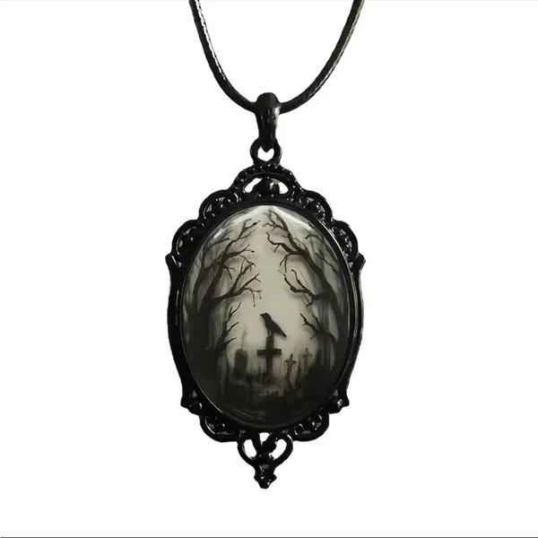 Gothic Crow Forest Cameo Pendant Necklace A Stylish‎ Rope Necklace - Image 3