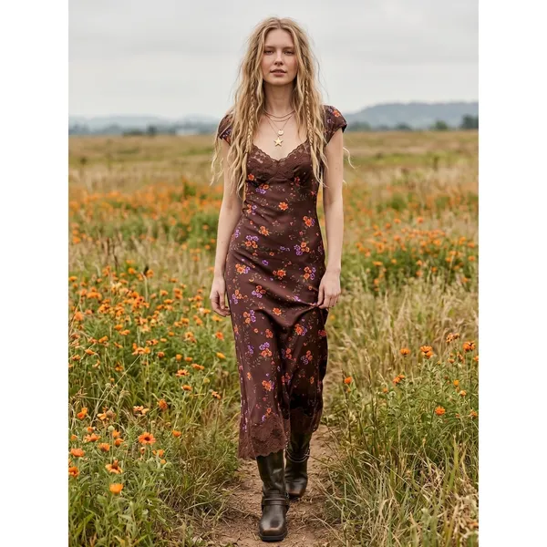 Free People Dainty Lace Retro 90s Butterfly Babe Maxi Dress in Brown Combo Small - Image 3