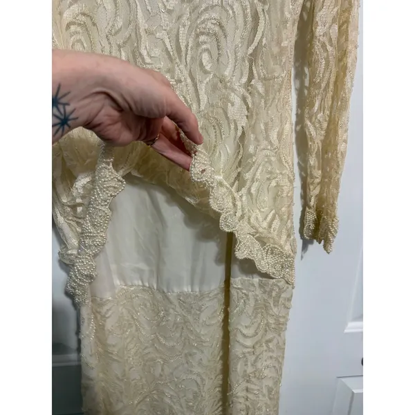 Vintage Maxi‎ Dress Lace Beaded Cream Elegant Evening Gown 80s 90s OS - Image 6