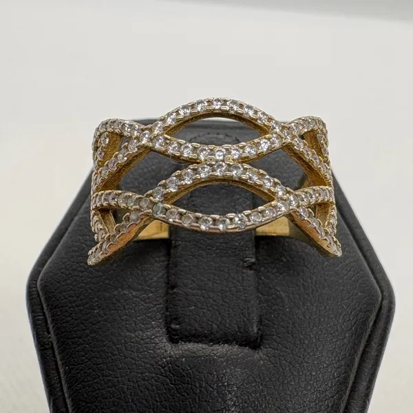Vintage 925 Sterling Silver Gold Plated CZ Lattice Wave Statement Ring Size 9.25 - Image 2
