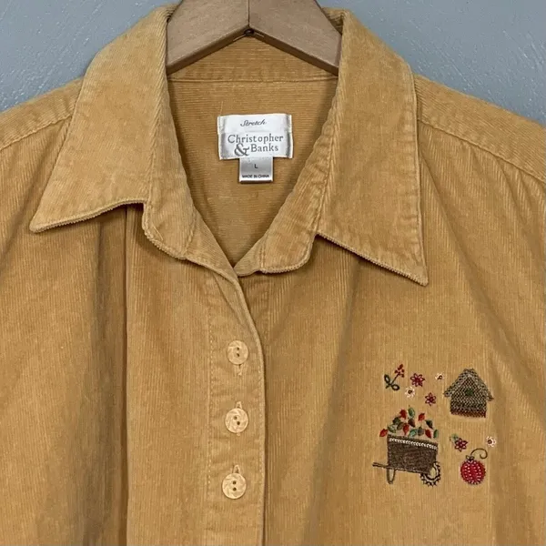 Country Grandma Size Large Yellow Embroidered Corduroy Shirt Autumn Harvest Fall - Image 3