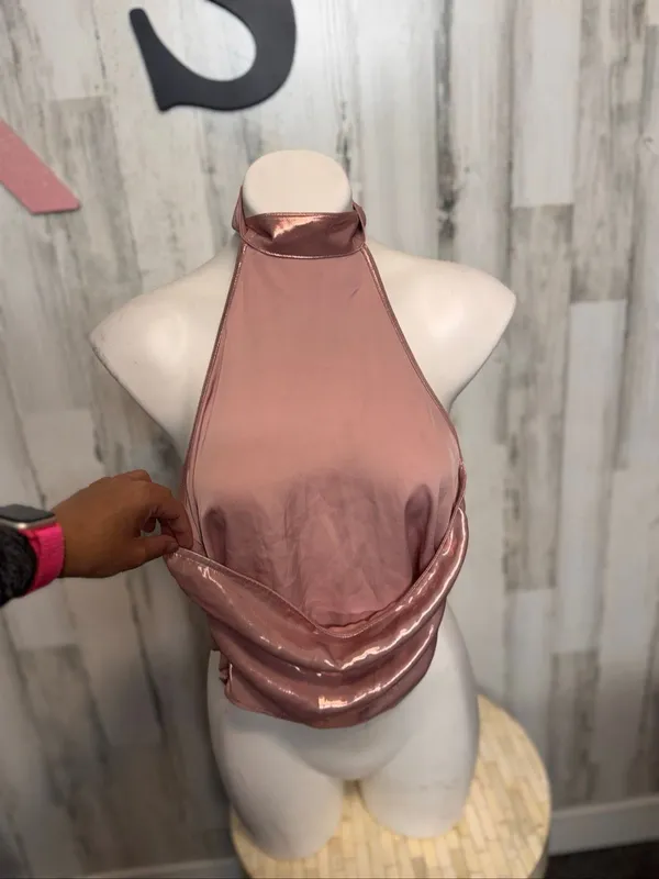 Zara Metallic Rose Gold Halter Top Womens XS Liquid Shimmer Open Back Blouse - Image 2
