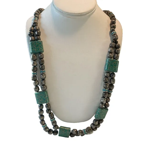 Vintage Japan Silver Tone & Teal 2 Strand Beaded 30'' Necklace Unique‎ 1960s - Image 3