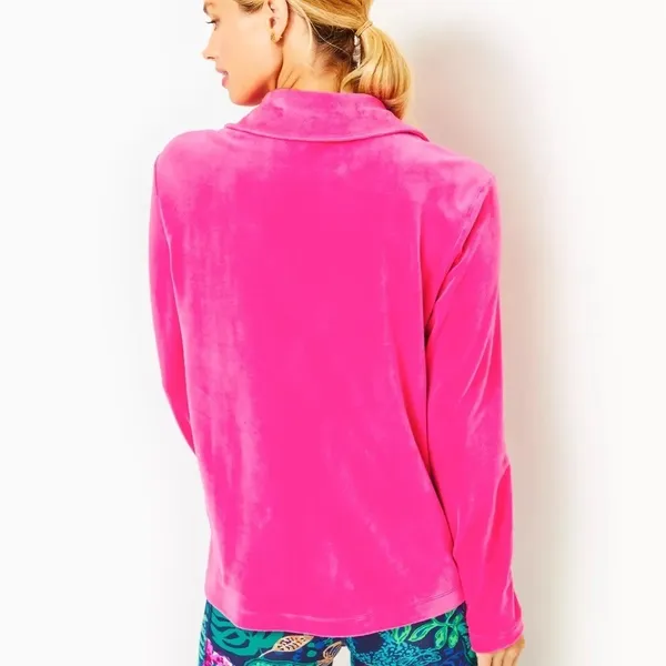 LILLY PULITZER August Velour Pullover Pink Palms Solid Polo Collar Bright Small - Image 7