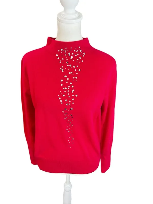 Kinross Cashmere 100% Cashmere Rhinestone Mock Neck Sweater Pink M NWT - Image 2