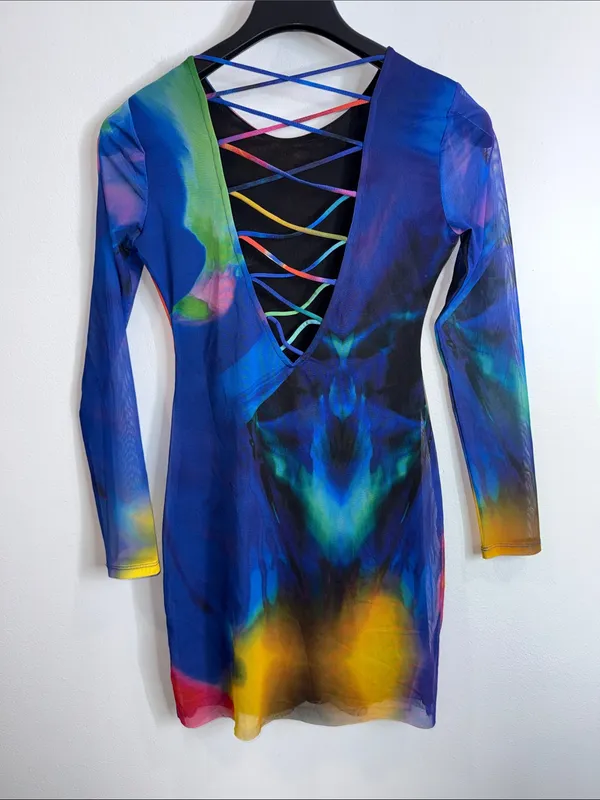 Zara multicolored tulle mesh long sleeve mini dress criss cross back size medium - Image 4