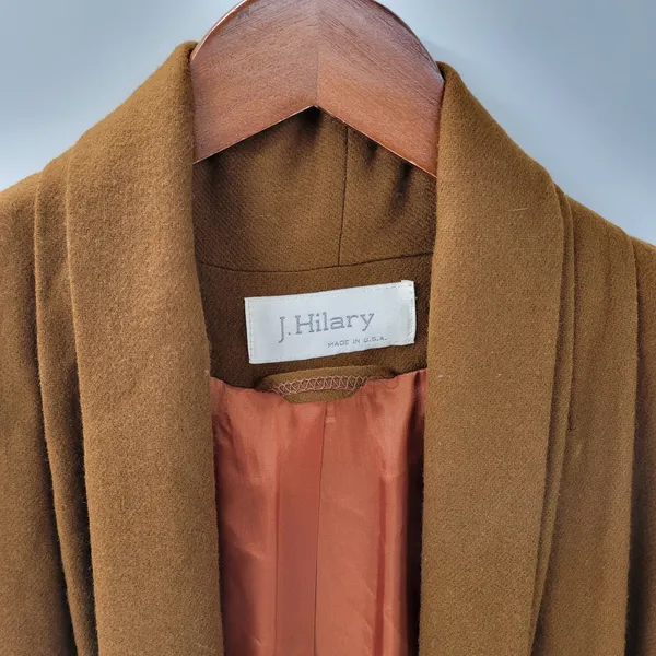 Vintage J. Hilary Wool Coat Womens 4 Belted Camel Brown Long Trench Made in USA - Image 5