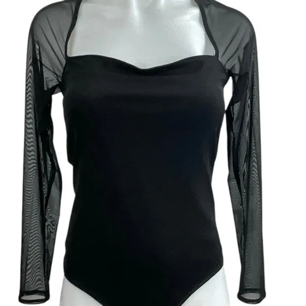 Abercrombie & Fitch Black Sweetheart Neck Mesh Sheer Long Sleeve Bodysuit Top M - Image 4