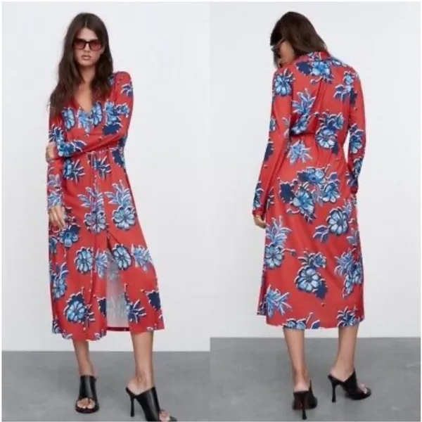 Zara Red Floral Button‎ Front Long Sleeves Midi Dress Medium - Image 2