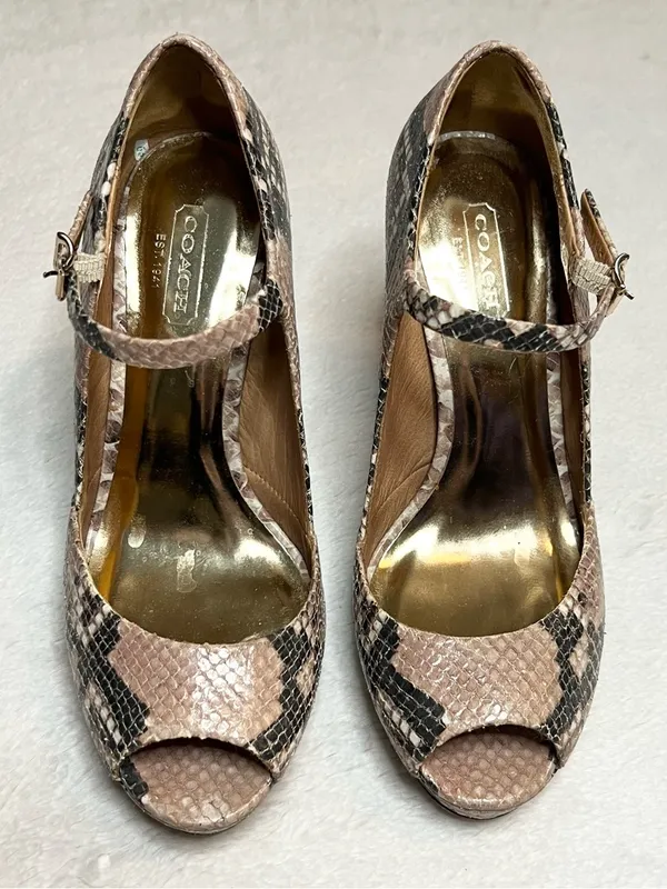 Coach Snake Print Peep Toe Mary Jane High Heels Size 6 Shawna Python Animal - Image 14
