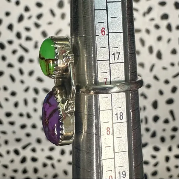 Sterling Silver Mojave Turquoise Purple and Green Two Stone Size 7 - Image 5