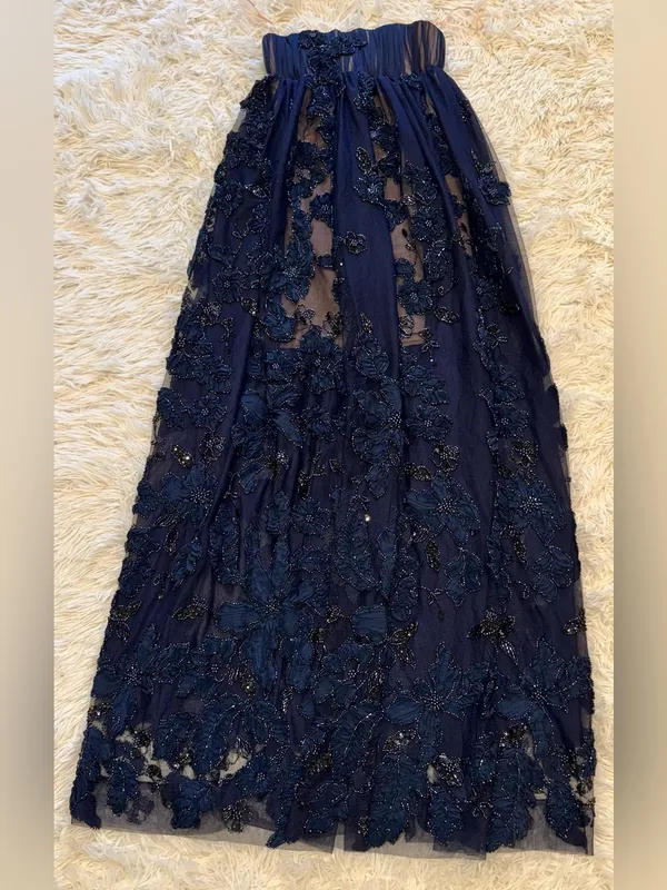 NEW HELSI Beatrice Strapless 3D Embellished Floral Sheer navy Gown sz XS - Image 5