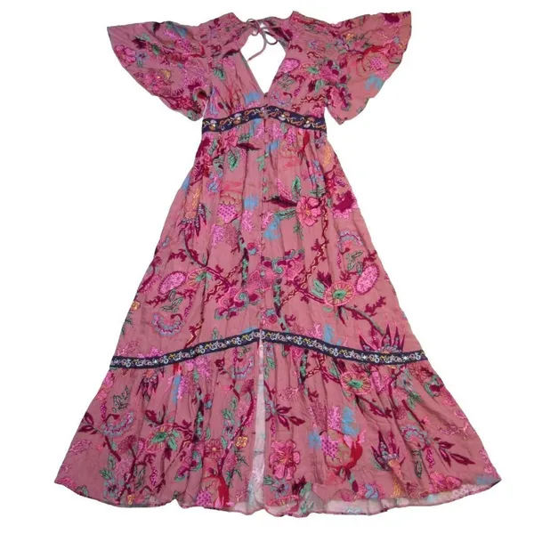 NWT by Anthropologie Ruffled Embroidered Maxi in Pink Floral V-neck Dress S - Image 8