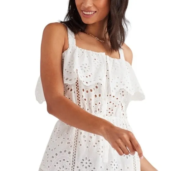 7 For All Mankind Floral Eyelet Lace Tiered Ruffle Midi Dress White Size L - Image 3