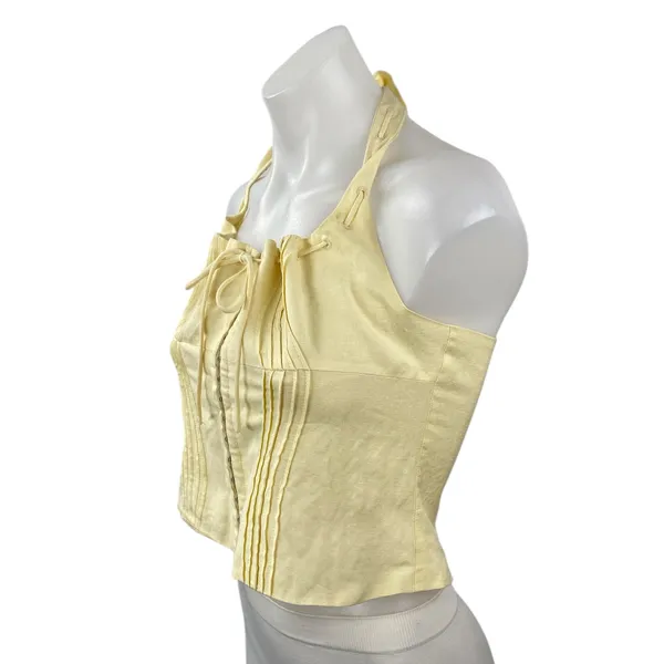 ASTR The Label Yellow Halter Pintucked Smocked Tie Sleeveless Crop Top Size S - Image 2