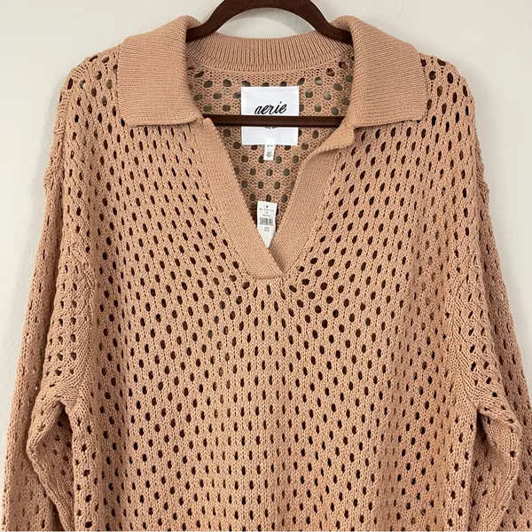 NWT Aerie Pointelle Collared Neck Oversized Long Sleeves Sweater Size‎ Medium - Image 6