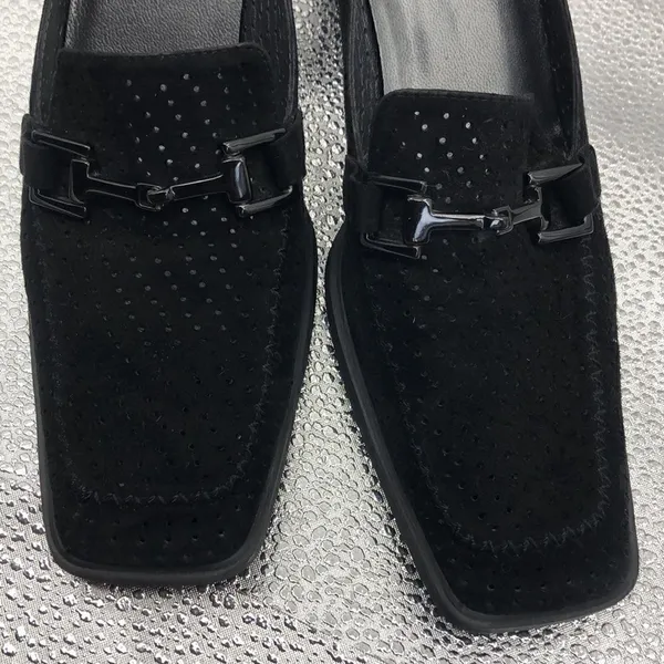 Stuart Weitzman black suede pinhole loafer heels - Image 3