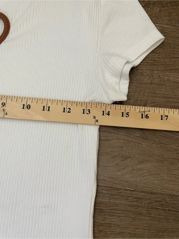 Rue 21 Baby Doll Top Heart Cut Out Size M White Ribbed Brown Trim Y2K 2000s - Image 7