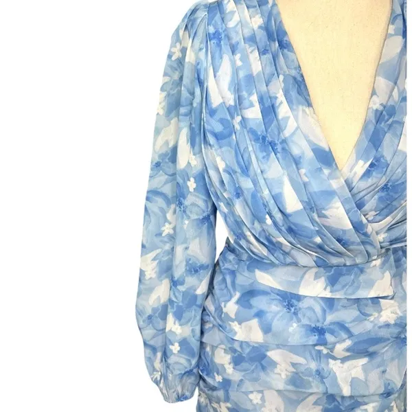 Showpo blue floral long sleeve mini dress wedding spring feminine ruffle - Image 3