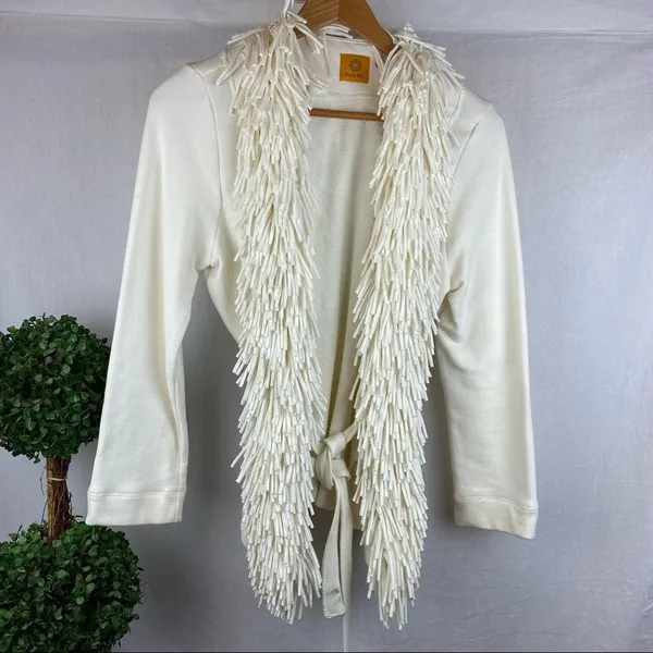 Ruby Rd. Ivory Fringe Trim Cotton Cardigan Tie Ponte Knit Sweater M - Image 2