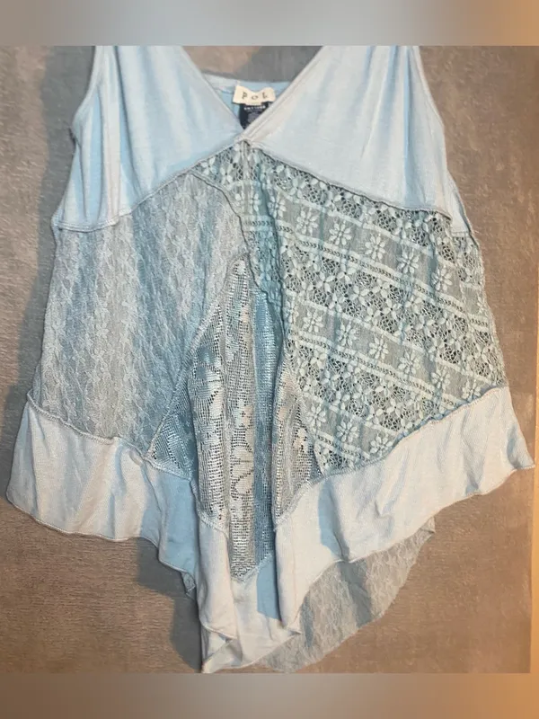 POL Light Blue Lace-Panel Spaghetti Strap Camisole size‎ large Lagenlook boho - Image 2