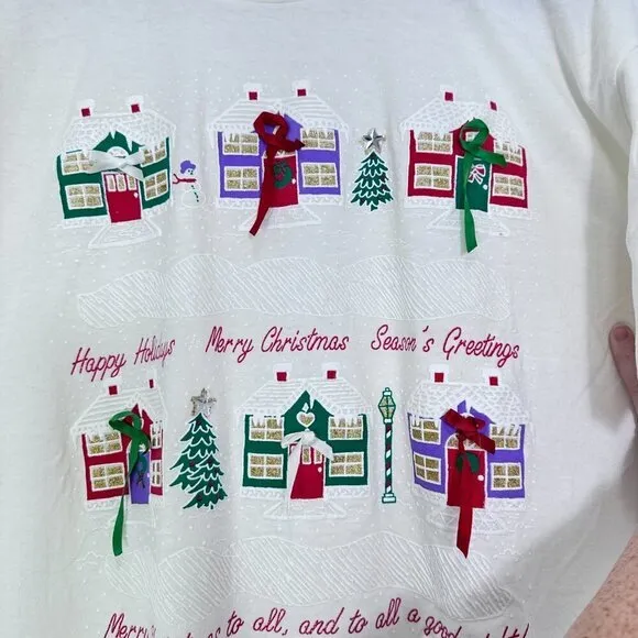 Vintage White Single Stitch Christmas Village Bow Coquette Sleep Shirt‎ One Size - Image 7