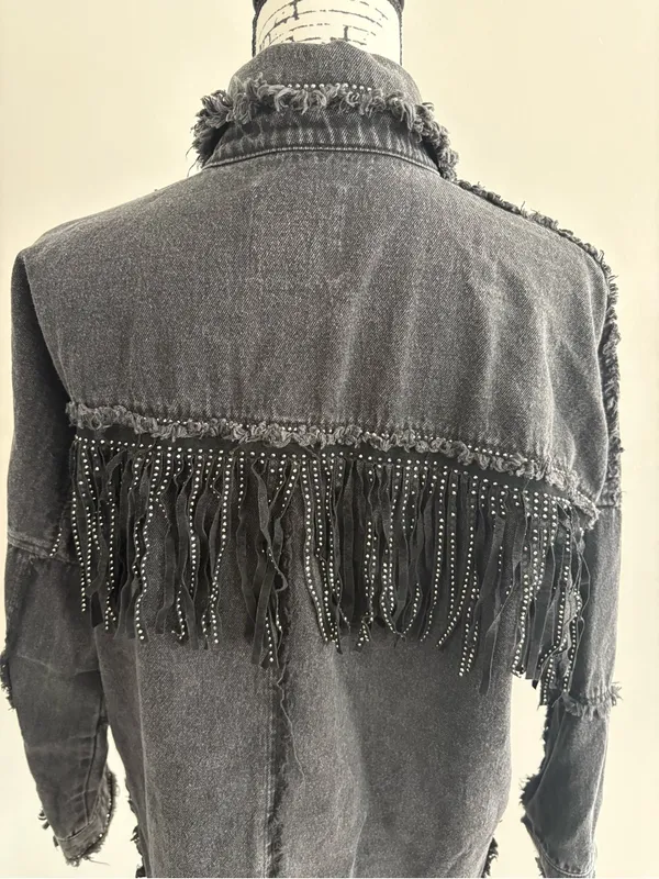 Zara Black Denim Rhinestone Fringe Oversized Jacket Size S - Image 3