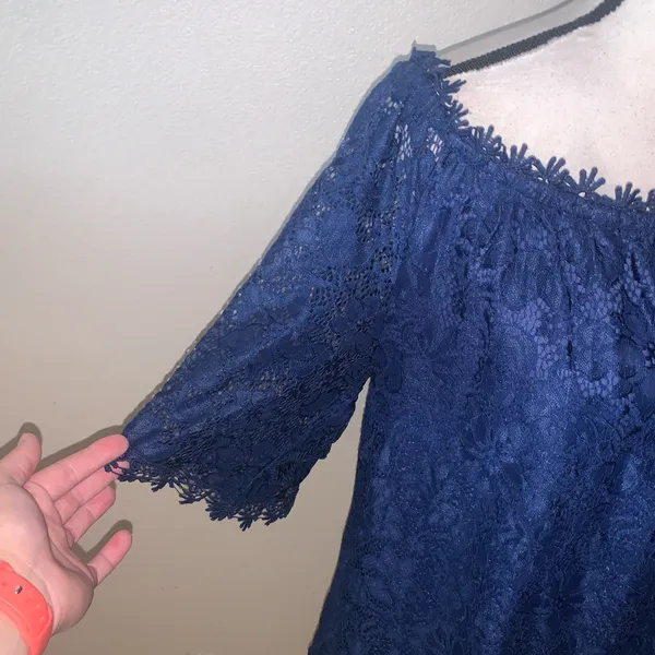 Women’s Miholl Navy Blue Bell Half-Sleeve Mesh Lace Top Off Shoulder - Image 3