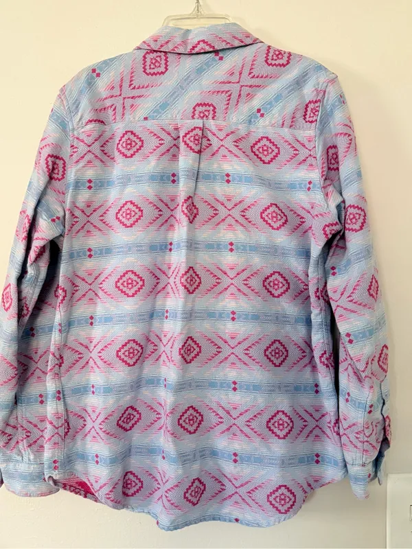 Ariat Light Blue & Pink Aztec Button-Front Shirt size L Western Serape Rodeo - Image 2