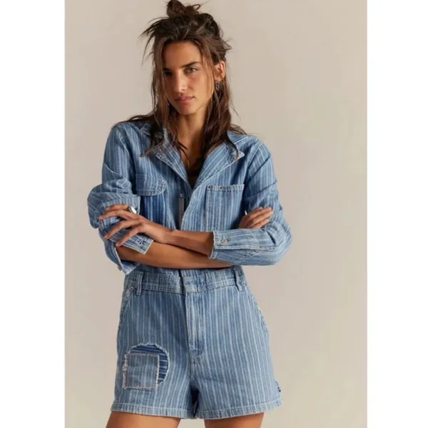 Free People Downtown Denim Railroad Patchwork Coveralls Romper Small Bohemian - Image 11