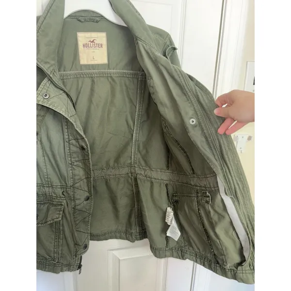 Y2K Hollister Green Military Utility Jacket L Indie Sleaze Arm Patch - Image 9