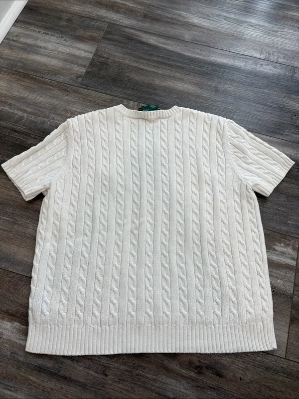 Lauren Ralph Lauren White Cable-Knit Short Sleeve V Neck Sweater Large - Image 4