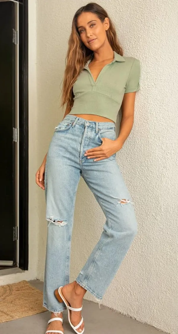 Lulu's Lookin' Flirty Sage Green Ribbed Collared Short Sleeve Crop Top - Image 2