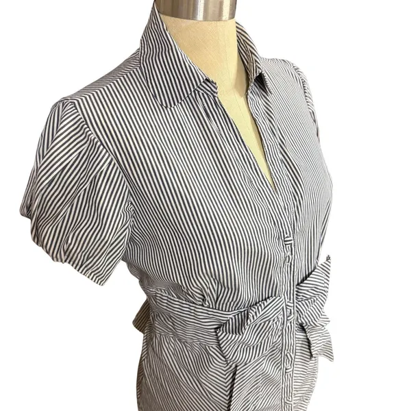 Poplin M Striped‎ Bow Waist Puff Sleeve Buttoned Blouse Frenchgirl Coquette - Image 2