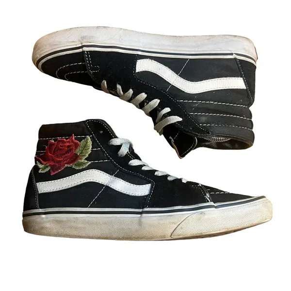 Vans Sk8-Hi Black‎ Suede High Top Rose Embroidered Unisex Sneakers M6.5 / W8.0 - Image 2