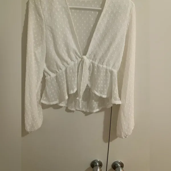 V-neck Tie Front Long Sleeve Crop Chiffon Blouse - Image 5