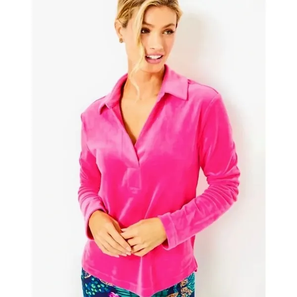 LILLY PULITZER August Velour Pullover Pink Palms Solid Polo Collar Bright Small - Image 4