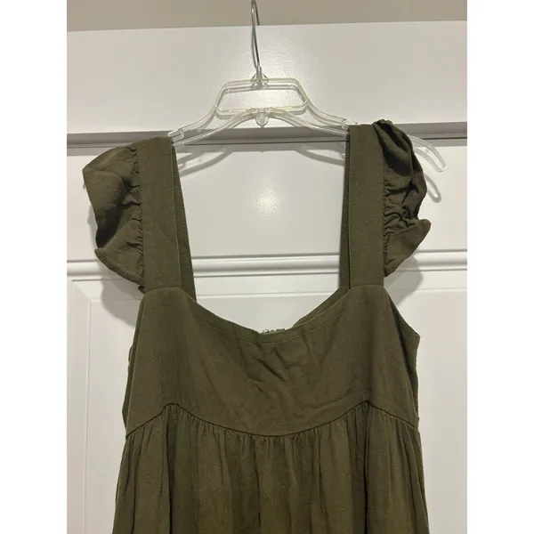 Women’s Olive Green Midi dress Sz Medium pockets Prairie Cottagecore Boho Ruffle - Image 3