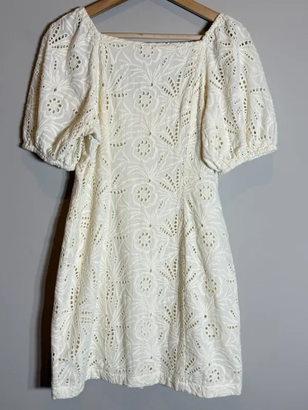 Free People Daniella Eyelet Mini Dress Women's 2 Ivory Puff Sleeve Boho Cotton - Image 12