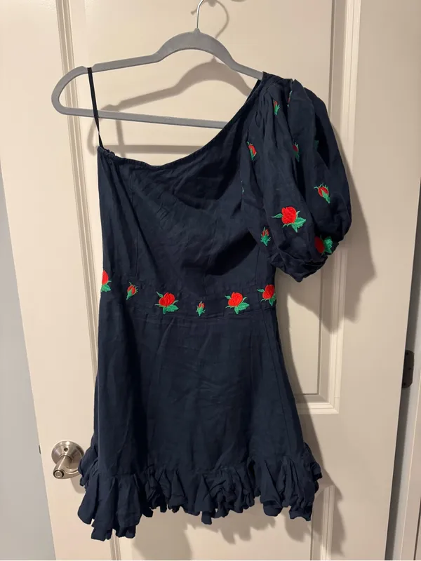 FANM MON Navy Linen Mini Dress with Floral Embroidery | XS - Image 5
