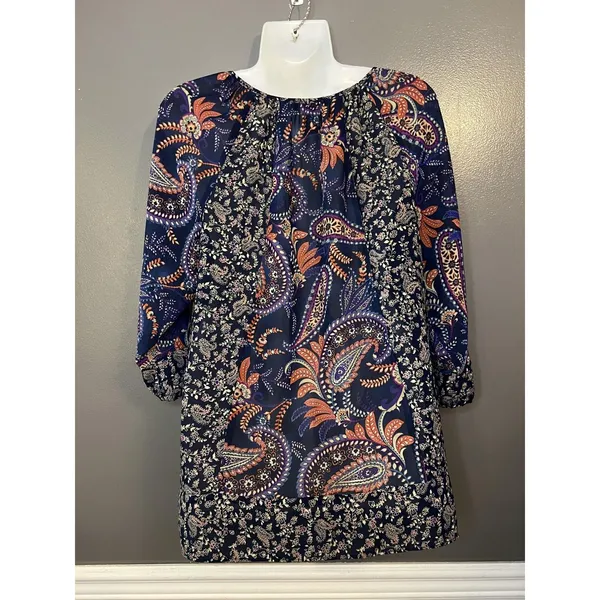 Chaps Shirt Womens Medium Blue Paisley Boho Tunic Top 3/4 Sleeve Lightweight - Image 5