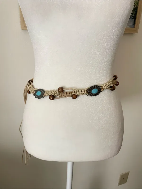 Boho Western Beaded Macrame Turquoise Concho Tie Waist Belt One Size - Image 2