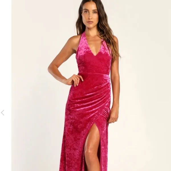 NWT LULUS Alluring Elegance Hot Pink Crushed Velvet Halter Maxi Dress Pink XS - Image 3