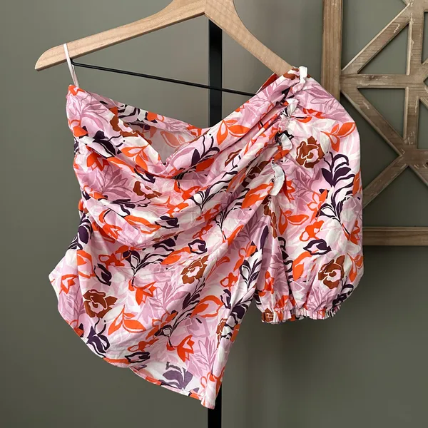 Anthropologie Maeve Puff Sleeve One Shoulder Blouse Floral Pink Med - Image 3