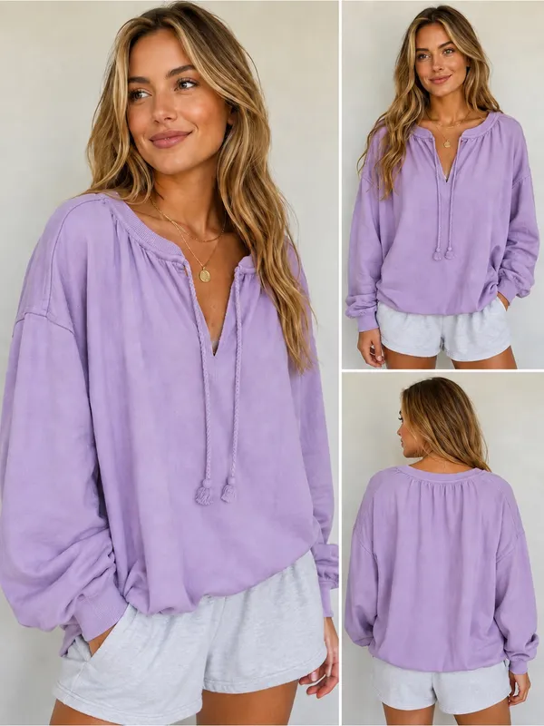 aerie Lavender Pullover V-Neck Drawstring Long Sleeve - Image 2