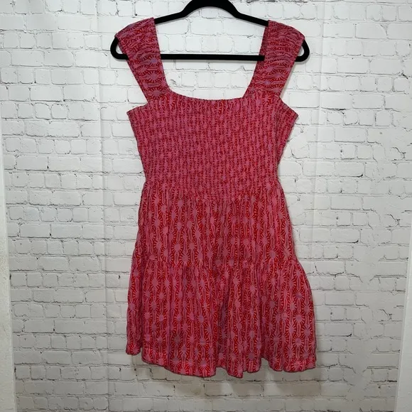 Free People Sweet Annie Smocked Mini Dress Pink Red Geometric Tiered‎ Ruffle Med - Image 3