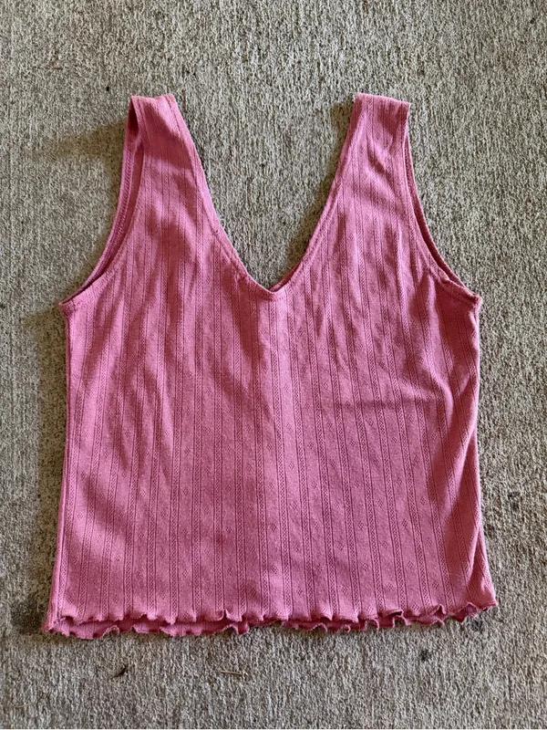 Caution to the Wind Pink Ribbed Button-Front Pointelle V-Neck Tank Top Medium - Image 2