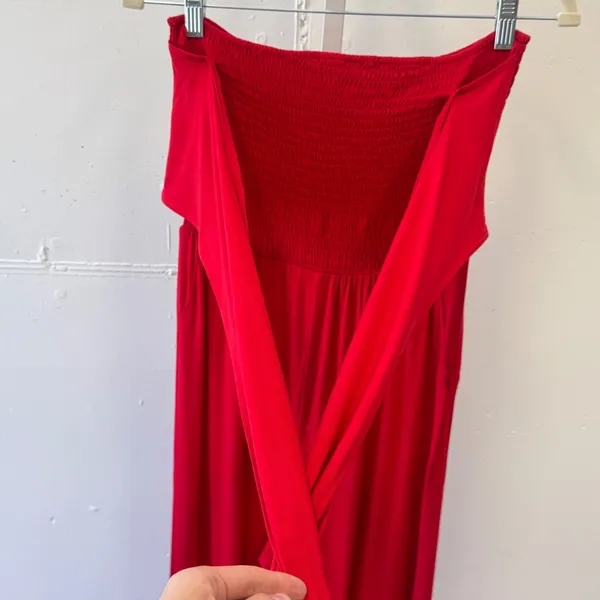 Venus Red Strapless Smocked Tie Front Wide Leg Jumpsuit Small Pockets Soft - Image 6